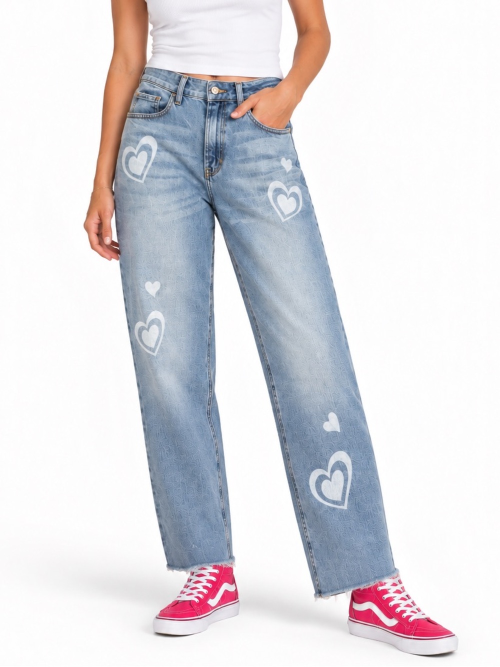 Hollister Light Blue Straight Leg Jeans with White Heart Prints